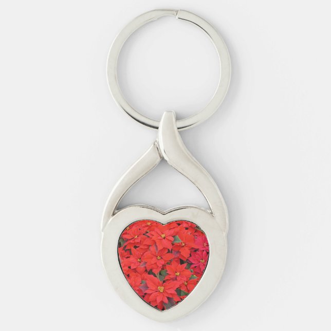 Red Poinsettias I Christmas Holiday Floral Photo Keychain (Front)