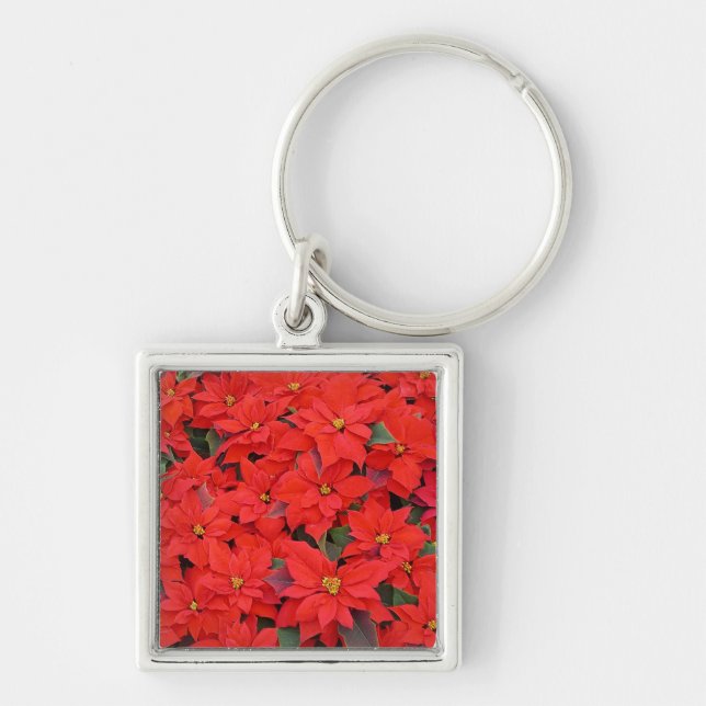Red Poinsettias I Christmas Holiday Floral Photo Keychain (Front)