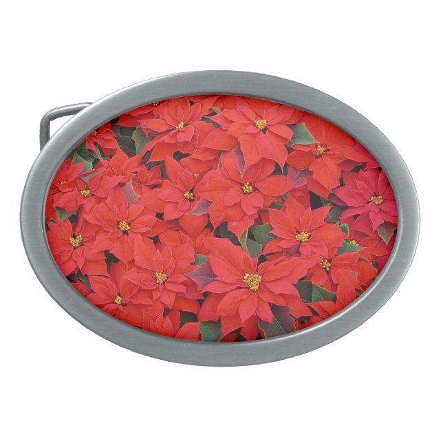 Red Poinsettias I Christmas Holiday Floral Photo Oval Belt Buckle (Front)