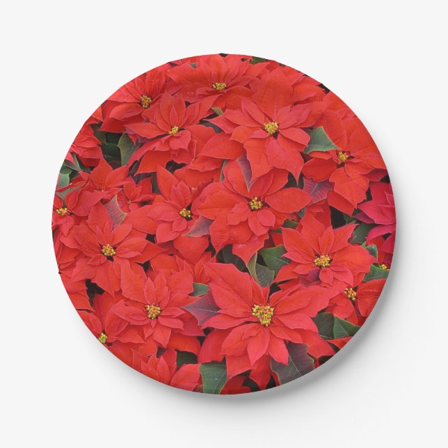 Red Poinsettias I Christmas Holiday Floral Photo Paper Plates (Front)