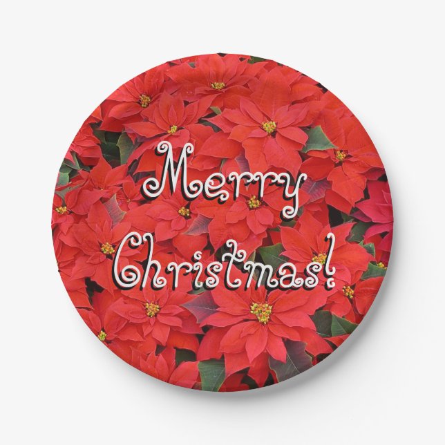 Red Poinsettias I Christmas Holiday Floral Photo Paper Plates (Front)