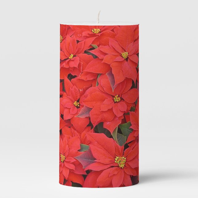 Red Poinsettias I Christmas Holiday Floral Photo Pillar Candle (Front)