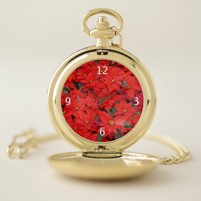 Red Poinsettias I Christmas Holiday Floral Photo Pocket Watch (Inside)