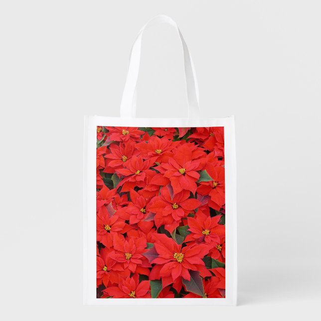 Red Poinsettias I Christmas Holiday Floral Photo Reusable Grocery Bag (Front)