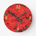 Red Poinsettias I Christmas Holiday Floral Photo Round Clock