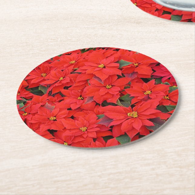 Red Poinsettias I Christmas Holiday Floral Photo Round Paper Coaster (Angled)