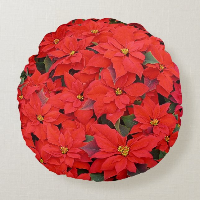 Red Poinsettias I Christmas Holiday Floral Photo Round Pillow (Front)