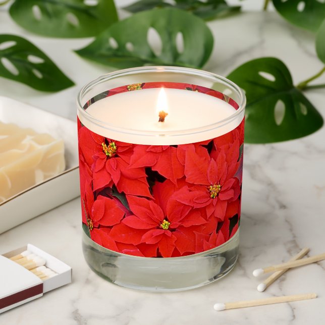 Red Poinsettias I Christmas Holiday Floral Photo Scented Candle (Lit)