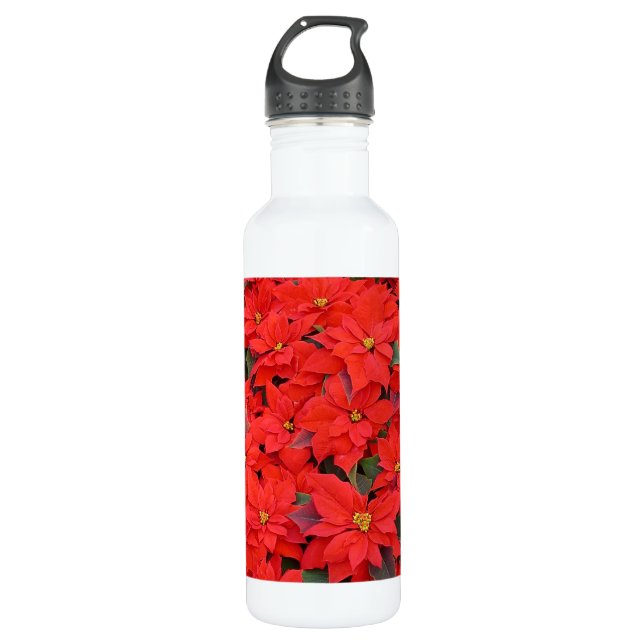 Red Poinsettias I Christmas Holiday Floral Photo Stainless Steel Water Bottle (Front)