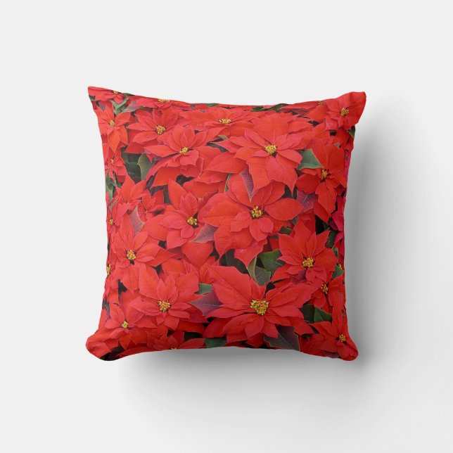 Red Poinsettias I Christmas Holiday Floral Photo Throw Pillow (Front)
