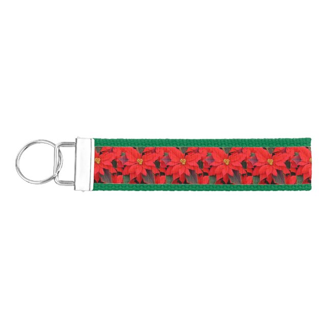 Red Poinsettias I Christmas Holiday Floral Photo Wrist Keychain (Keys on Left)