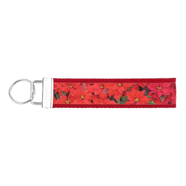 Red Poinsettias I Christmas Holiday Floral Photo Wrist Keychain (Keys on Left)