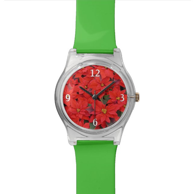 Red Poinsettias I Christmas Holiday Floral Photo Wrist Watch (Close Up)
