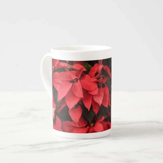 Red Poinsettias II Christmas Holiday Floral Bone China Mug (Front Left)