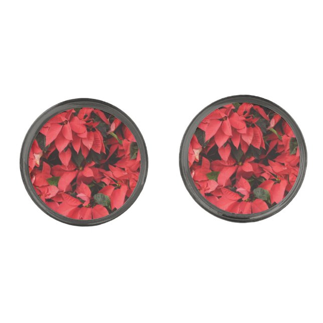Red Poinsettias II Christmas Holiday Floral Cufflinks (Front)