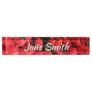 Red Poinsettias II Christmas Holiday Floral Desk Name Plate