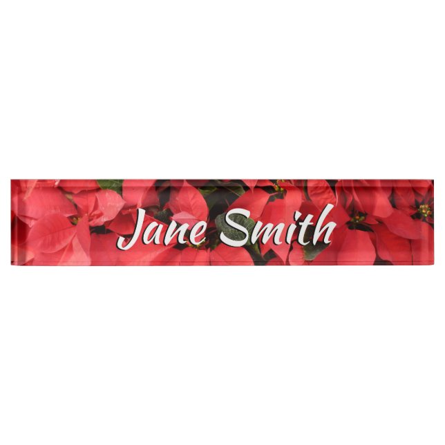 Red Poinsettias II Christmas Holiday Floral Desk Name Plate (Front)