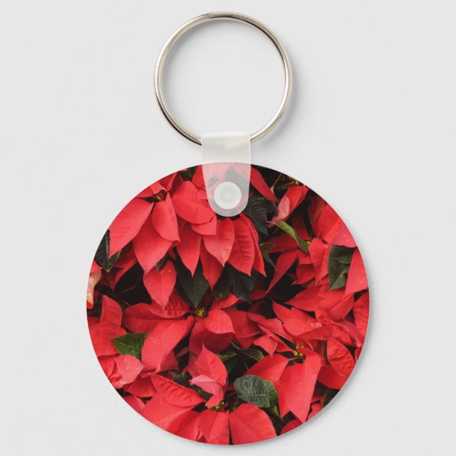 Red Poinsettias II Christmas Holiday Floral Keychain (Front)