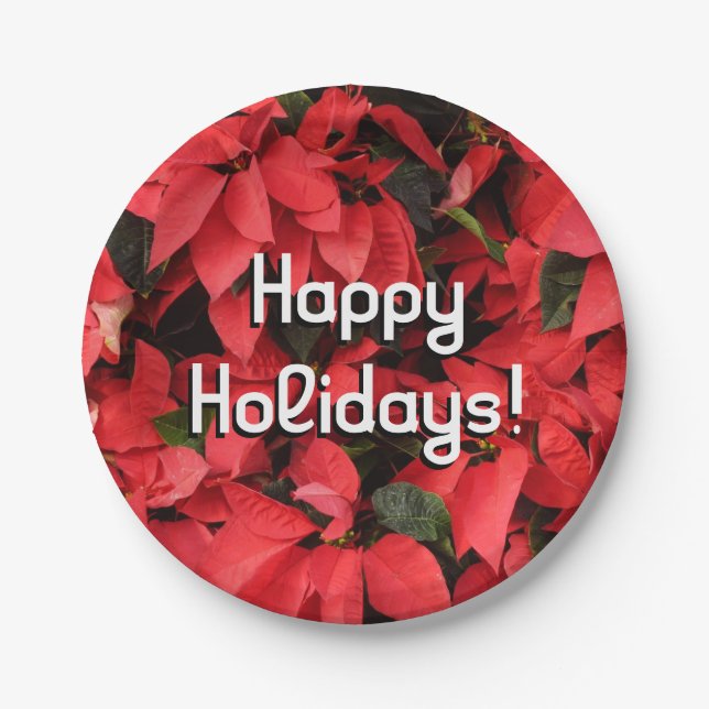 Red Poinsettias II Christmas Holiday Floral Paper Plates (Front)