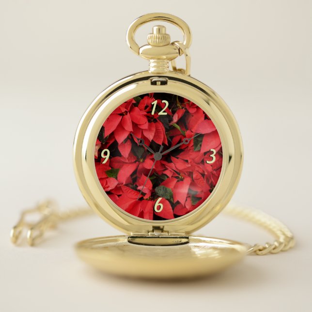 Red Poinsettias II Christmas Holiday Floral Pocket Watch (Inside)