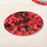Red Poinsettias II Christmas Holiday Floral Round Paper Coaster