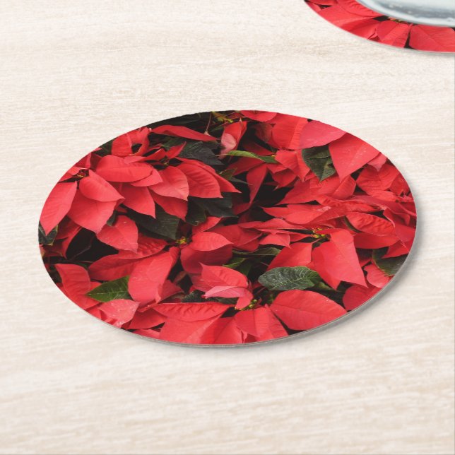 Red Poinsettias II Christmas Holiday Floral Round Paper Coaster (Angled)