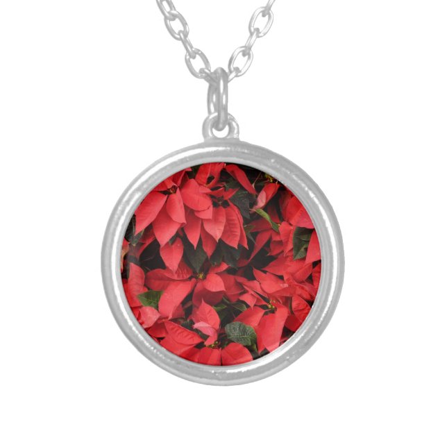 Red Poinsettias II Christmas Holiday Floral Silver Plated Necklace (Front)