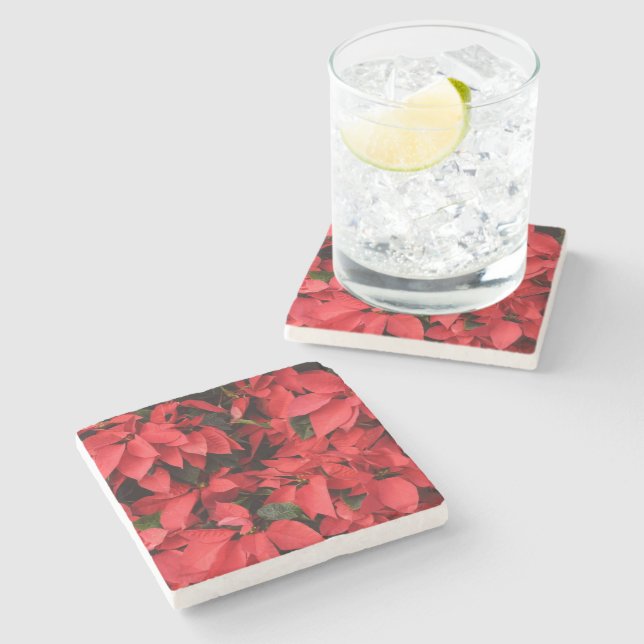 Red Poinsettias II Christmas Holiday Floral Stone Coaster (Side)
