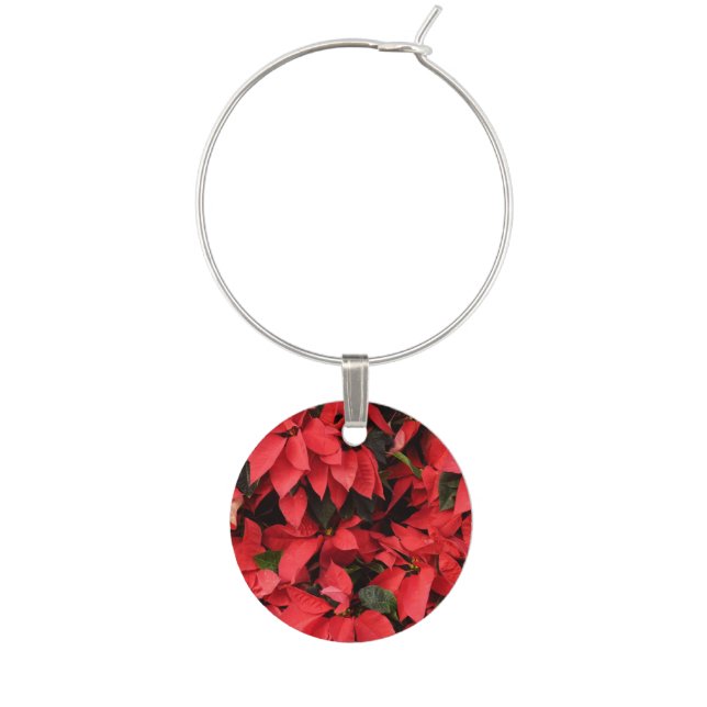 Red Poinsettias II Christmas Holiday Floral Wine Glass Charm (Front)