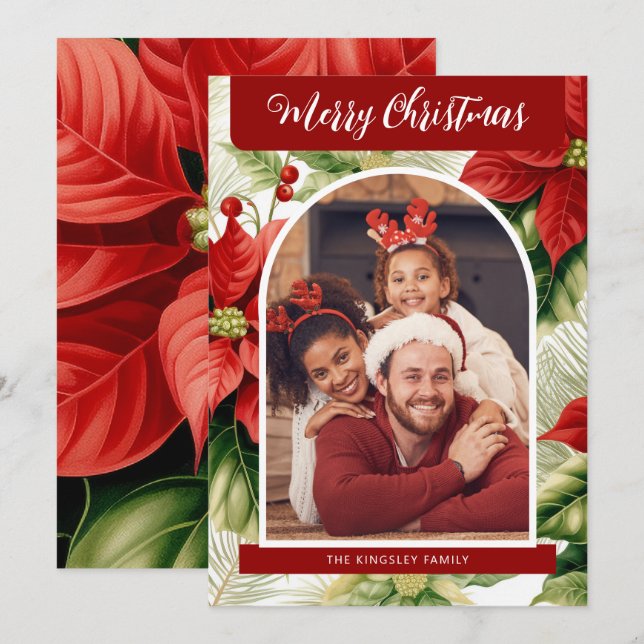 Red Poinsettias Merry Christmas Personalized Photo Holiday Card (Front/Back)