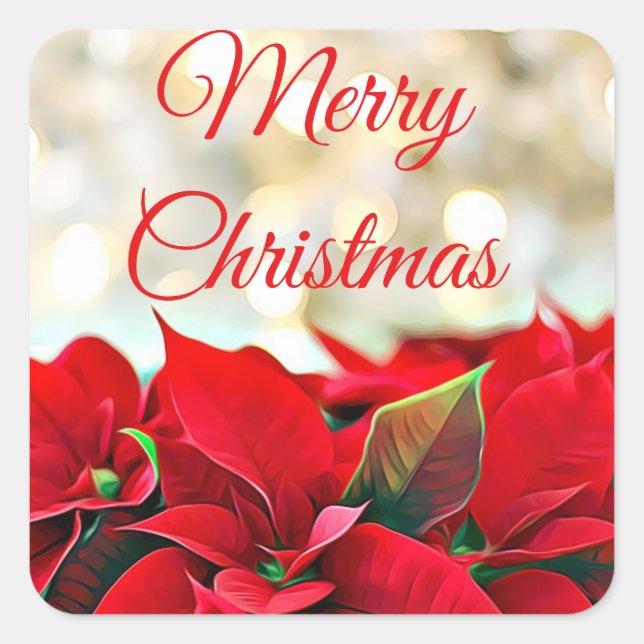 Red Poinsettias Merry Christmas Square Sticker (Front)