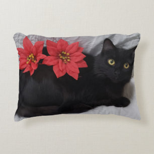 Red Poinsettias on Black Cat Photo Christmas Accent Pillow