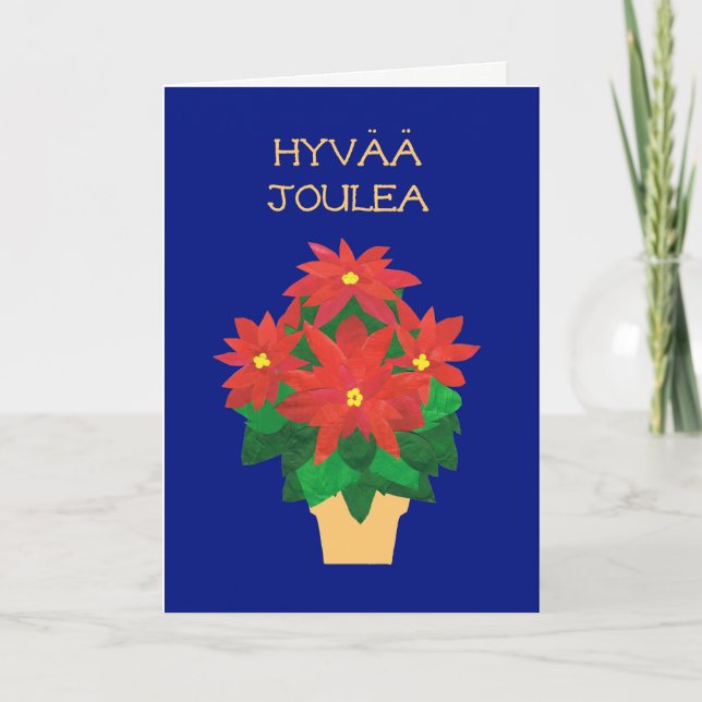 Red Poinsettias on Blue Finnish Language Greeting Holiday Card (Front)