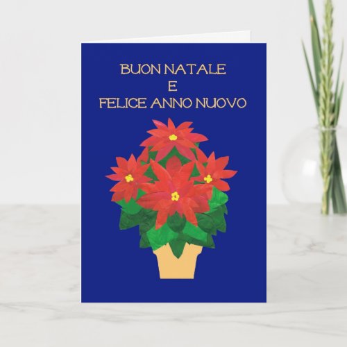 Red Poinsettias on the Blue Italian Language Greet Holiday Card