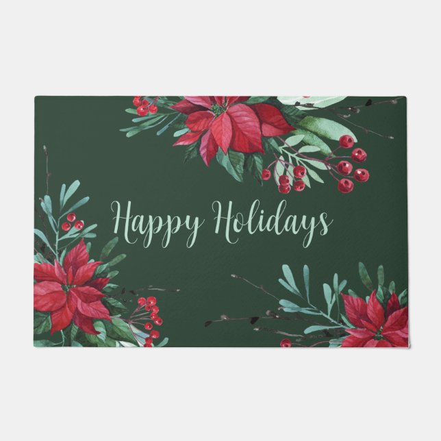 Red Poinsettias Personalized Holiday Doormat (Front)
