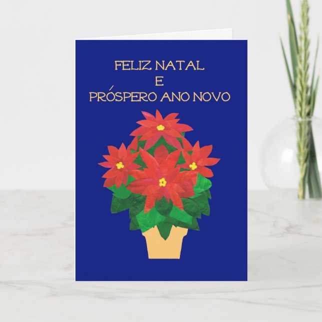 Red Poinsettias Portuguese Language Greeting Holiday Card (Front)