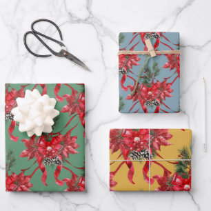 Red Poinsettias Ribbon Bows Lattice Green Red Gold Wrapping Paper Sheets