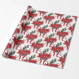 Red Poinsettias Ribbon Bows Lattice Wrapping Paper