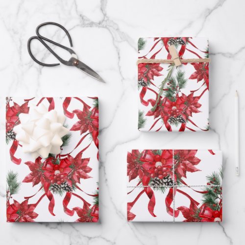 Red Poinsettias Ribbons Bows Lattice  Wrapping Paper Sheets