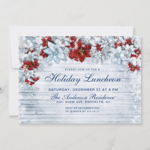 Red Poinsettias Rustic Christmas Holiday Luncheon Invitation