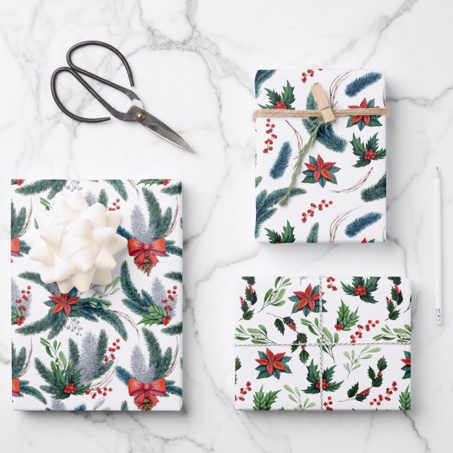 Red Poinsettias Spruce Boughs and Holly Christmas Wrapping Paper Sheets (Front)