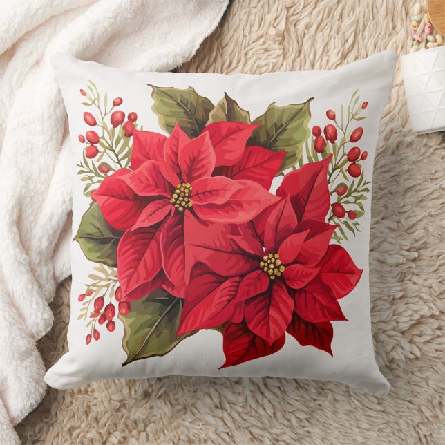 Red Poinsettias  Throw Pillow (Poinsettia Pillow with Blanket Great Holiday Gifting!)