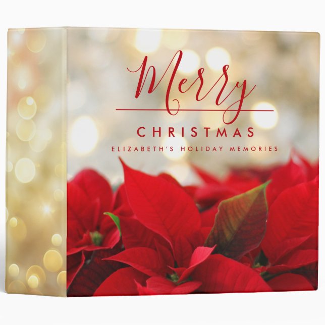 Red Poinsettias with Golden Bokeh Christmas 3 Ring Binder (Front/Spine)