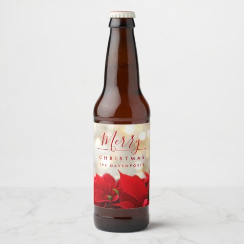 Red Poinsettias with Golden Bokeh Christmas Beer Bottle Label