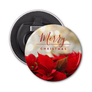 Red Poinsettias with Golden Bokeh Christmas Bottle Opener