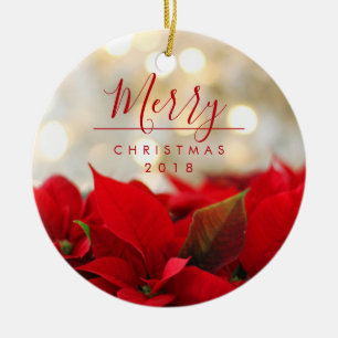 Red Poinsettias with Golden Bokeh Christmas Ceramic Ornament