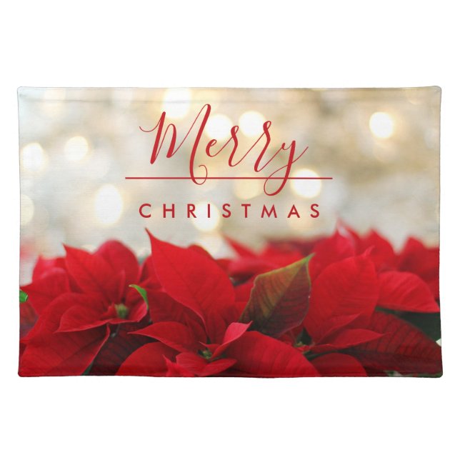 Red Poinsettias with Golden Bokeh Christmas Cloth Placemat (Front)