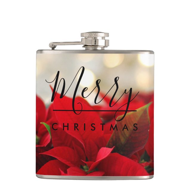 Red Poinsettias with Golden Bokeh Christmas Flask (Front)