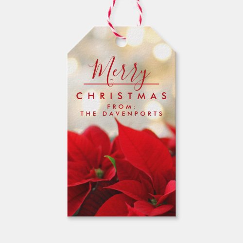 Red Poinsettias with Golden Bokeh Christmas Gift Tags