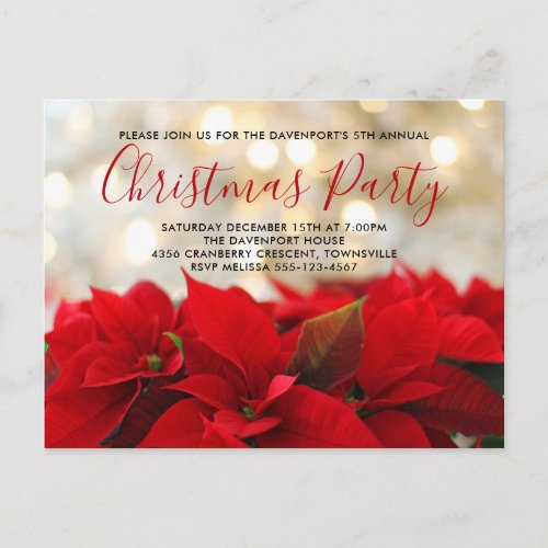 Red Poinsettias with Golden Bokeh Christmas Invite